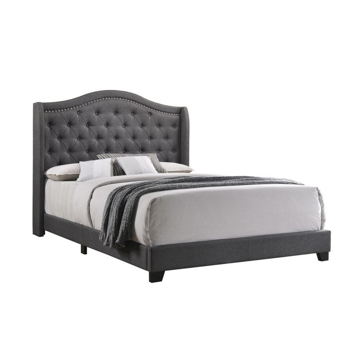 Fabric Upholstered Wooden Demi Wing Queen Bed With Camelback Headboard,Gray- Saltoro Sherpi