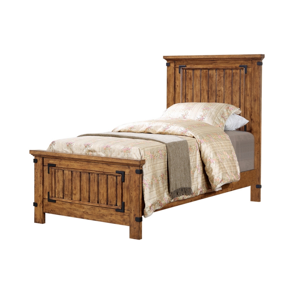 Cottage Style Twin Size Bed With Plank Detailing And Metal Accents, Brown - Saltoro Sherpi