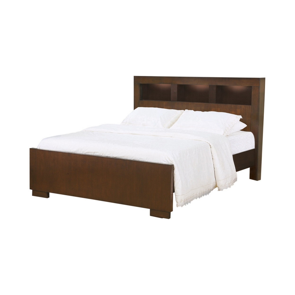 3 Open Bookcase California King Size Bed With Soft Light, Brown- Saltoro Sherpi