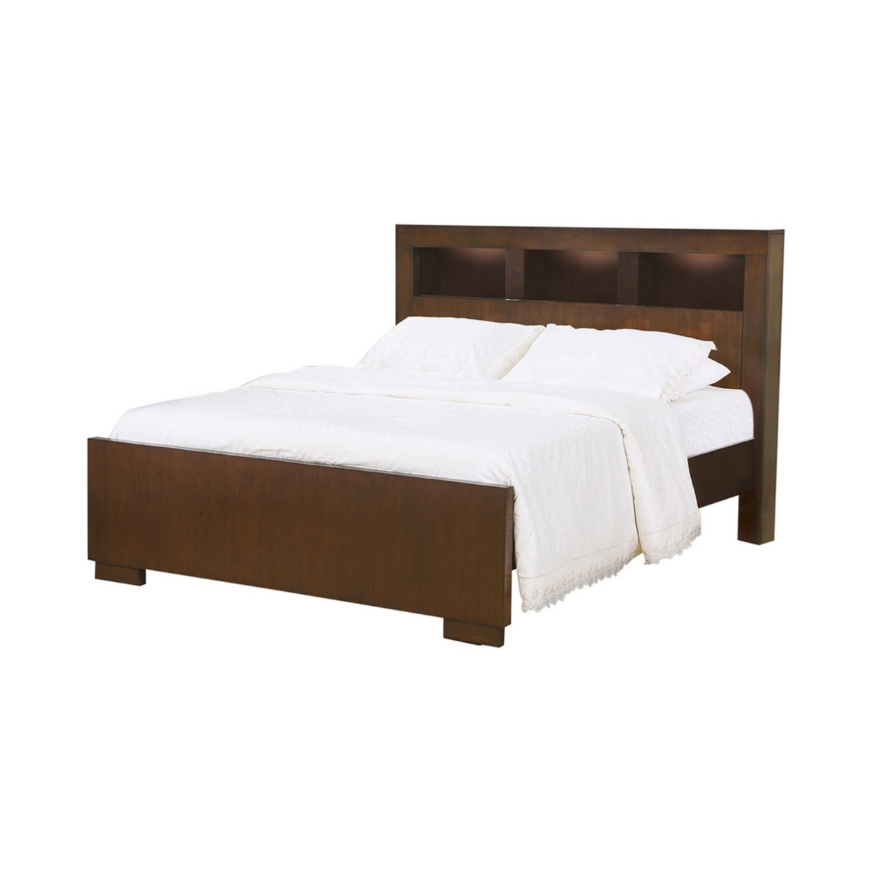 3 Open Bookcase Queen King Size Bed With Soft Light, Brown- Saltoro Sherpi
