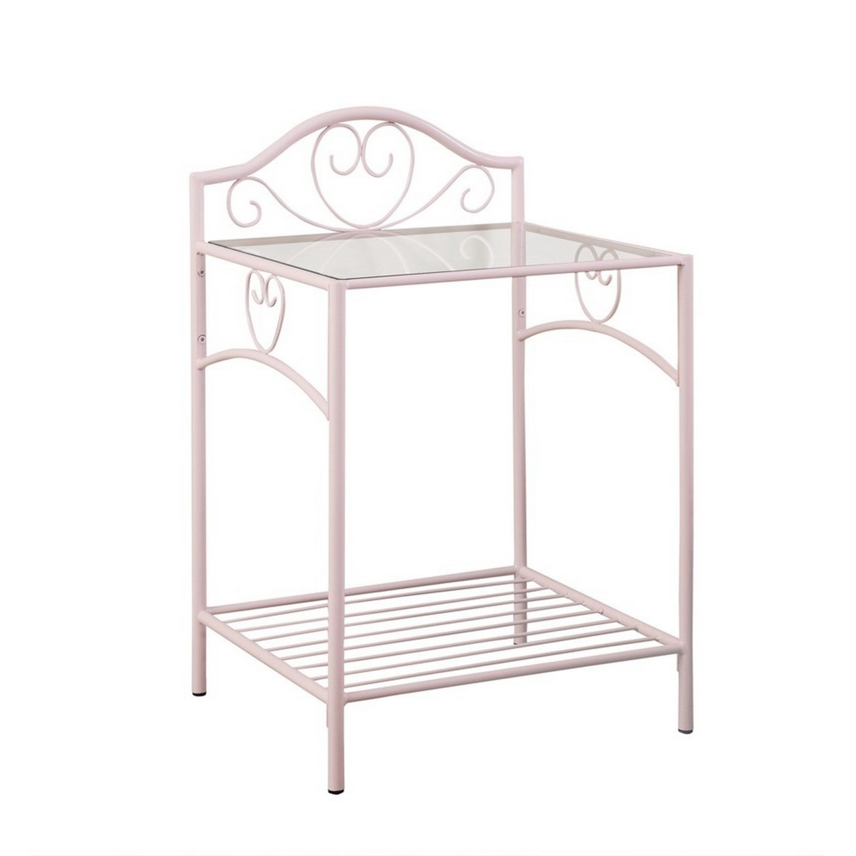 Metal Nightstand With Glass Top And Open Bottom Shelf, Pink And Clear- Saltoro Sherpi