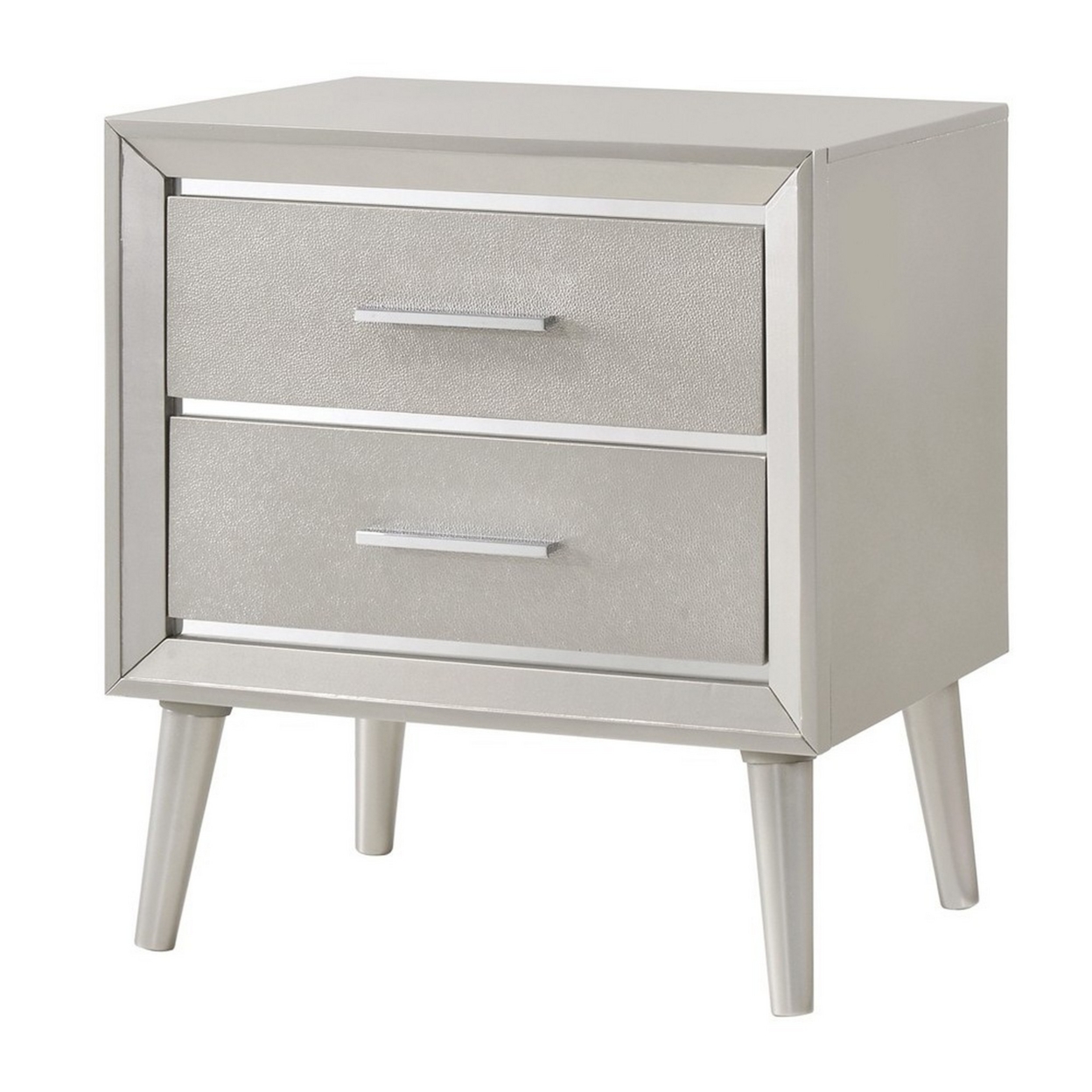 2 Drawer Contemporary Nightstand With Bar Handles And Splayed Legs, Silver- Saltoro Sherpi