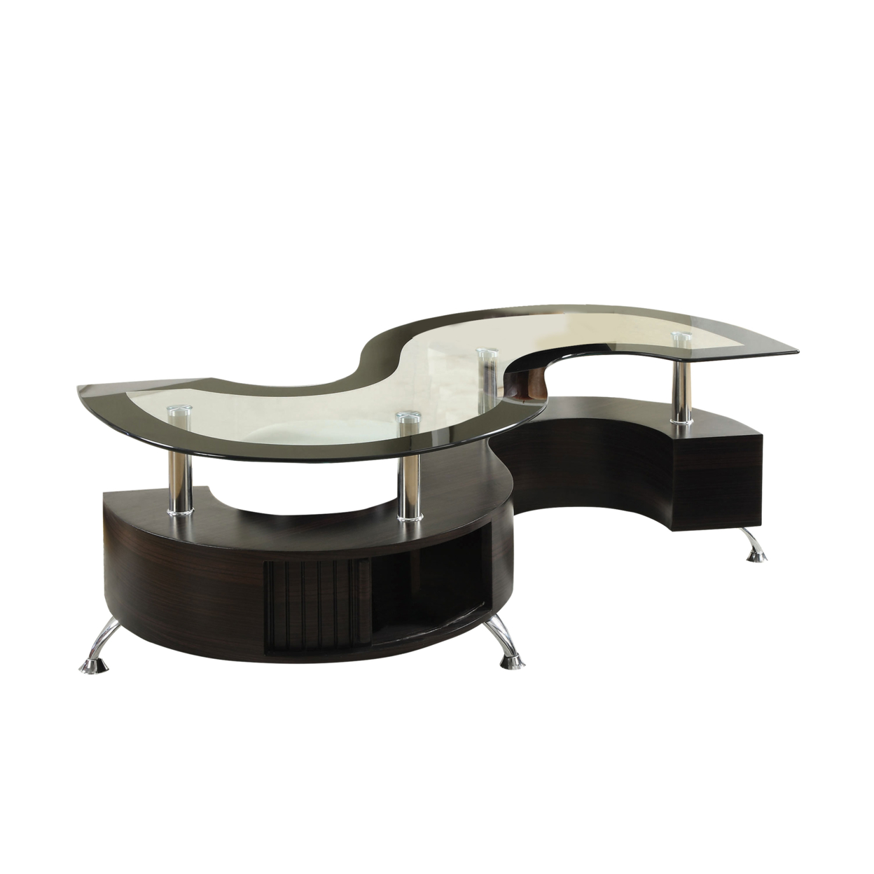 S Shape Contemporary Wood Base Coffee Table With Glass Top,Silver And Brown- Saltoro Sherpi