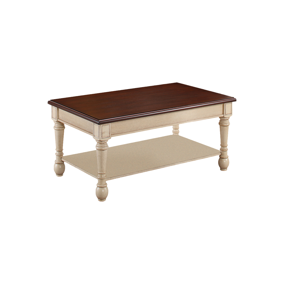 Wooden Frame Coffee Table With Turned Legs, Brown And Antique White- Saltoro Sherpi
