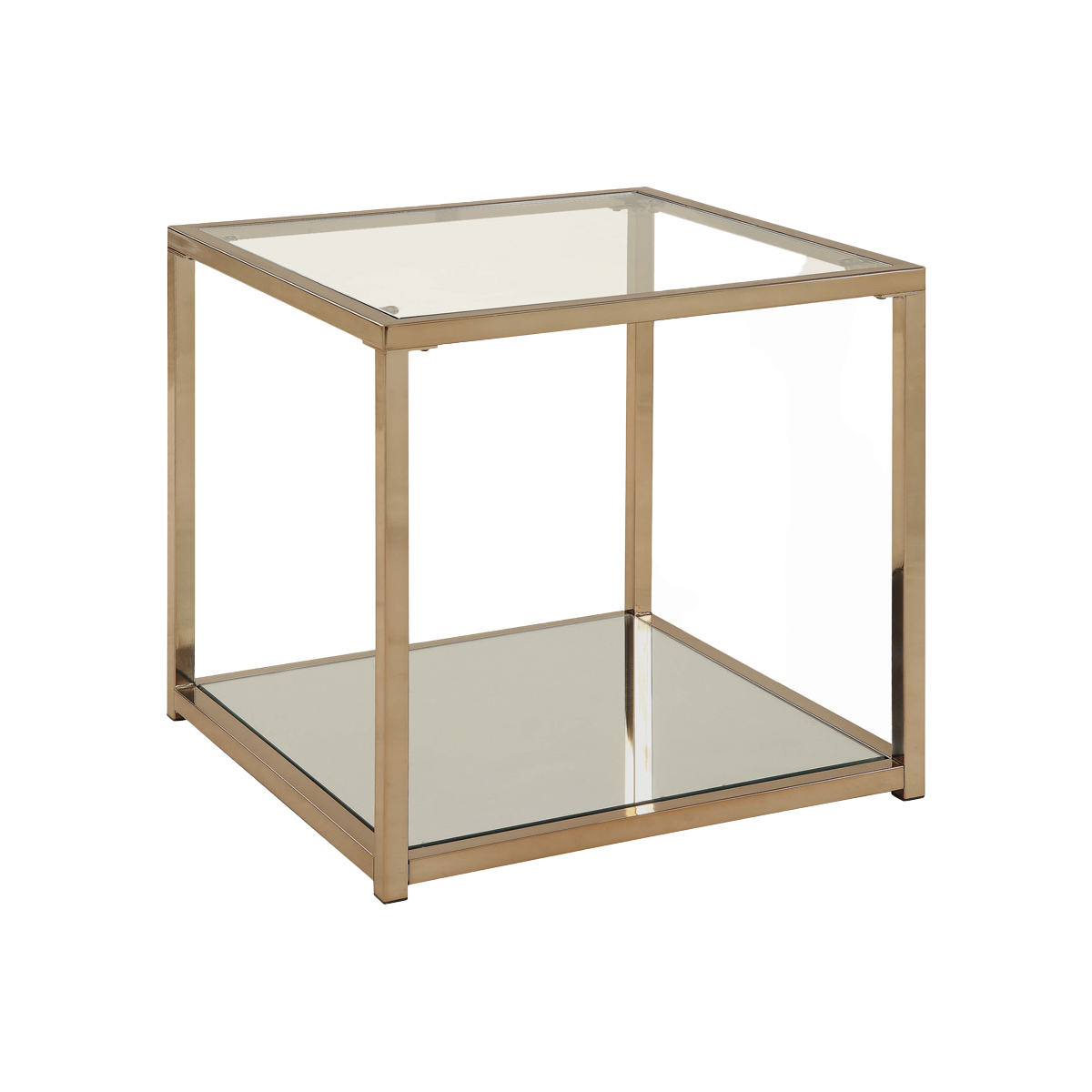 Glass Top End Table With Metal Frame And Open Shelf, Brass- Saltoro Sherpi