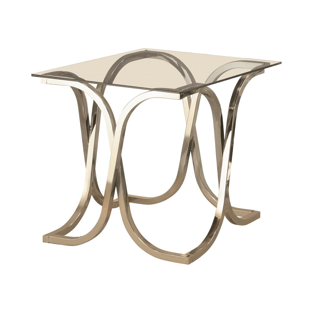 Tempered Glass Top End Table With Curved X Metal Frame, Clear And Silver- Saltoro Sherpi