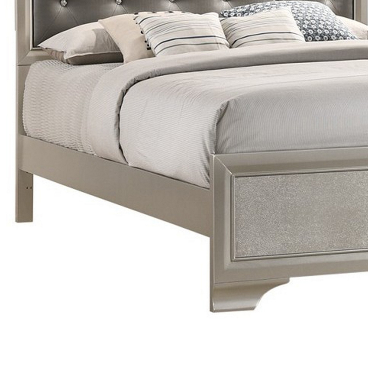Padded Leatherette Queen Size Bed With Diamond Tufting, Silver And Gray- Saltoro Sherpi