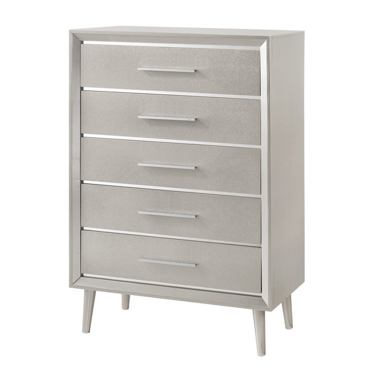 5 Drawer Contemporary Chest With Bar Handles And Splayed Legs, Silver- Saltoro Sherpi