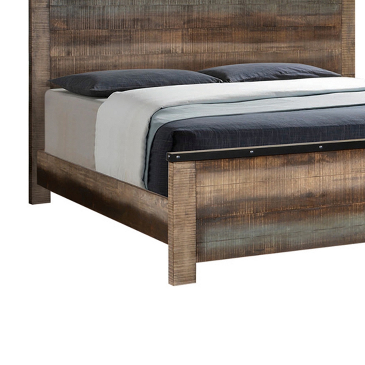 Plank Style Rustic Queen Bed With Metal Edge, Multicolor- Saltoro Sherpi