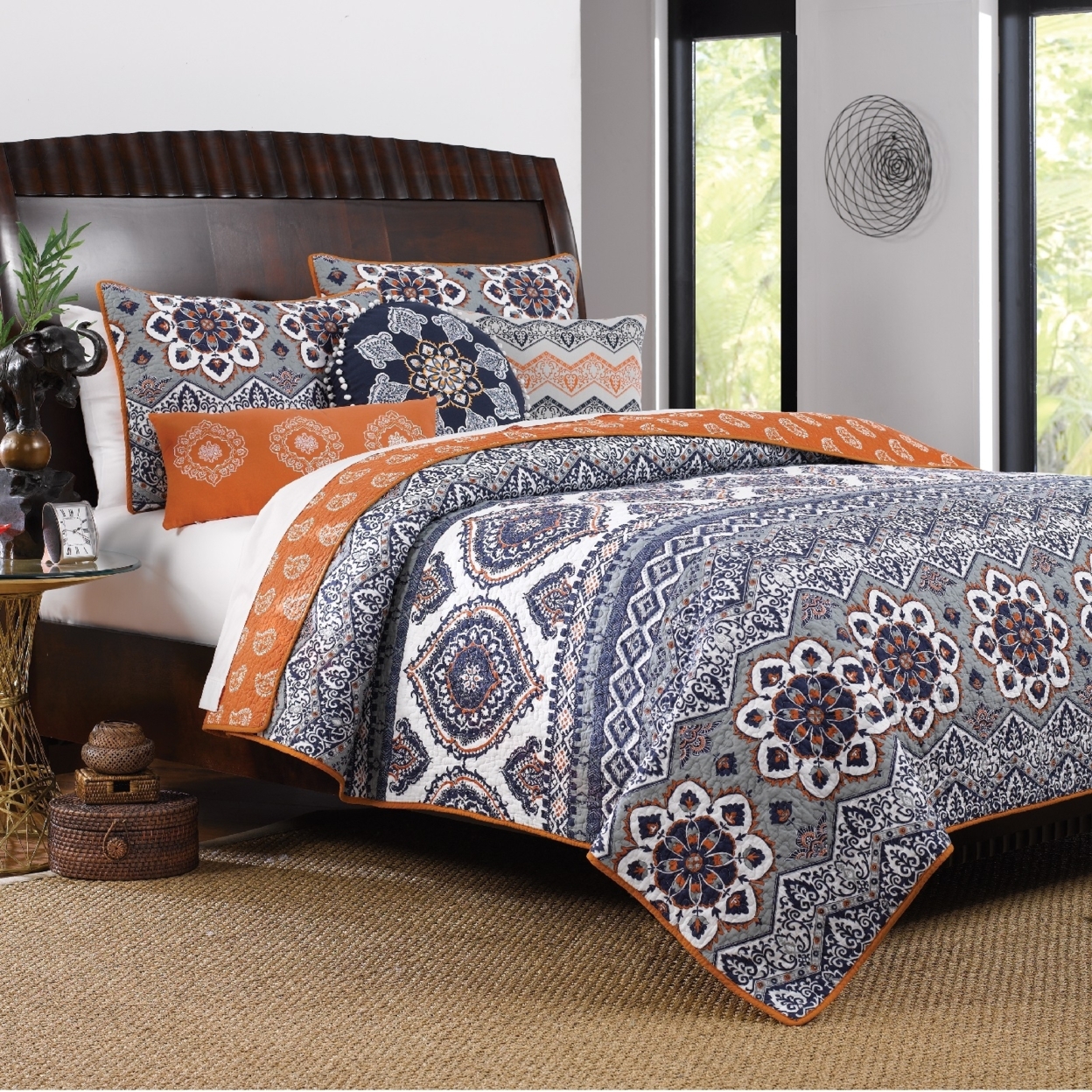 Damask Print Queen Quilt Set With Embroidered Pillows, Blue And Orange- Saltoro Sherpi