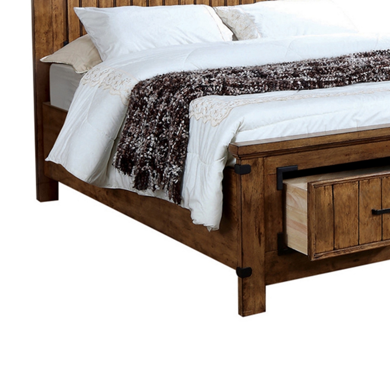 2 Drawers Queen Bed With Plank Detailing And Metal Accents, Brown- Saltoro Sherpi