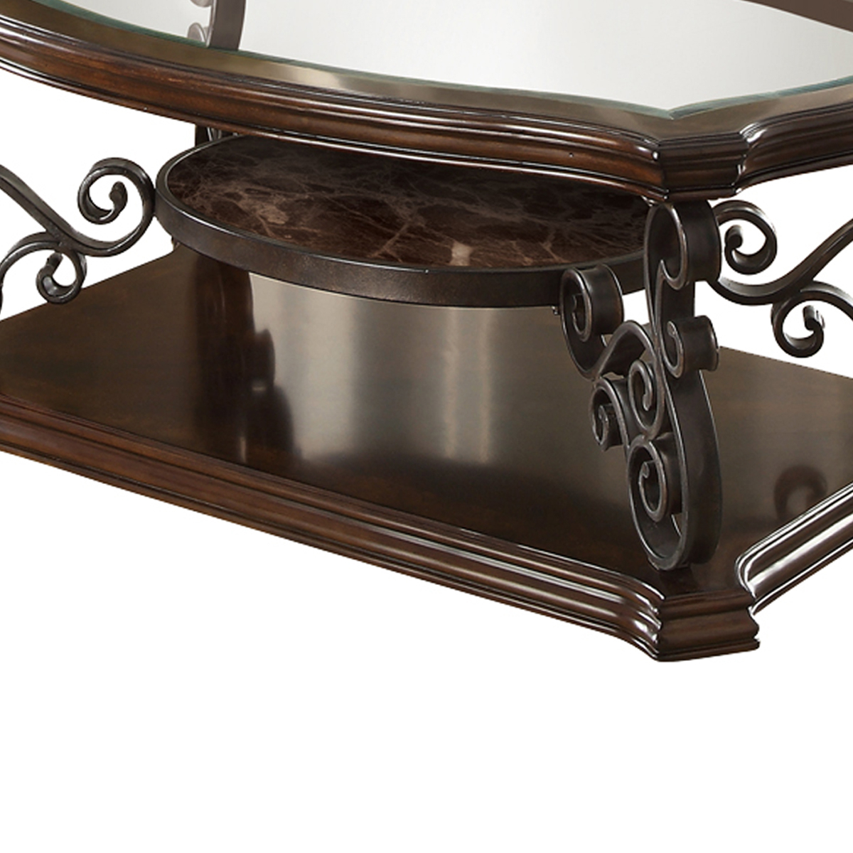 Tempered Glass Top Wooden Coffee Table With Ornate Metal Scrollwork, Brown- Saltoro Sherpi