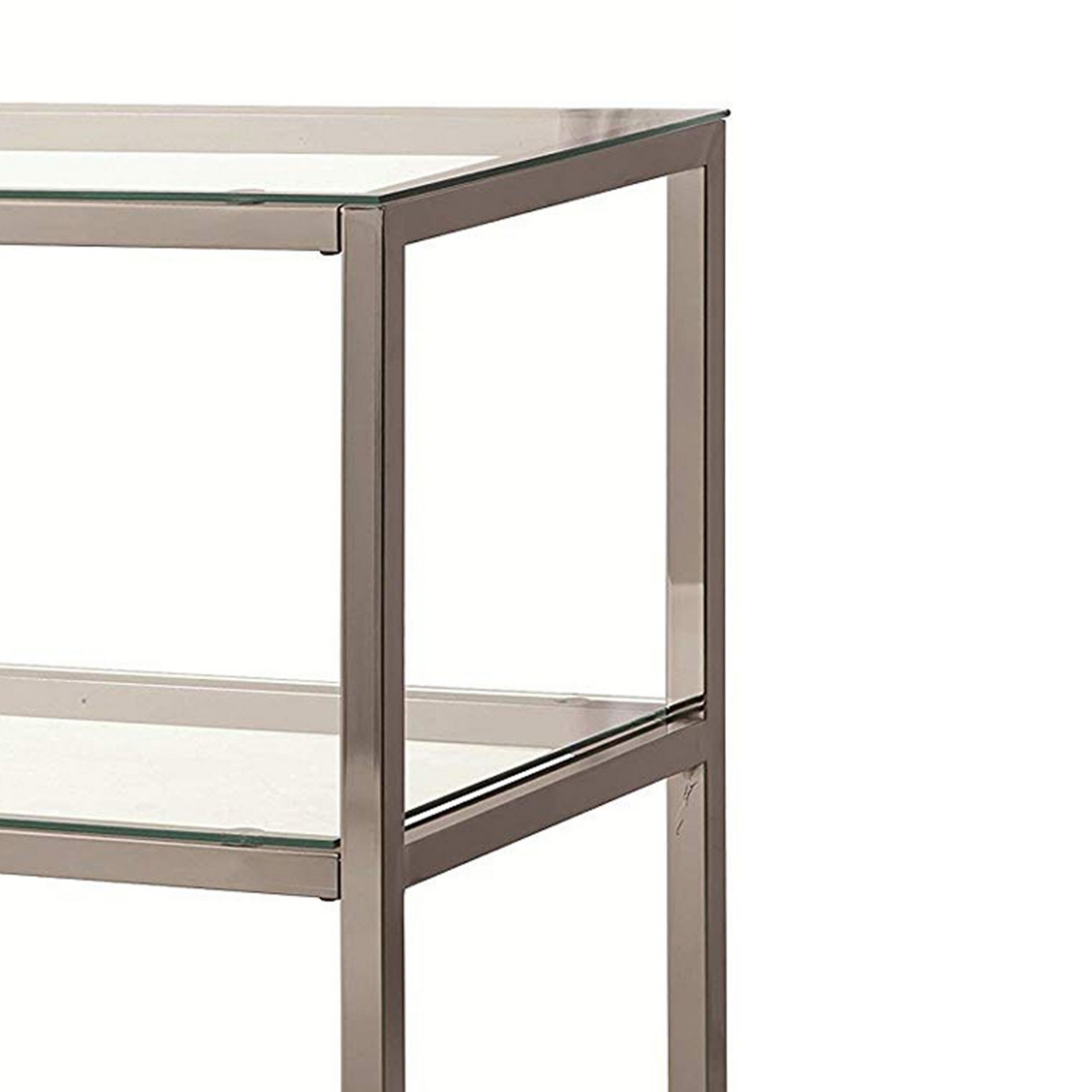 Glass And Metal Frame Sofa Table With 2 Open Shelves, Silver And Clear- Saltoro Sherpi