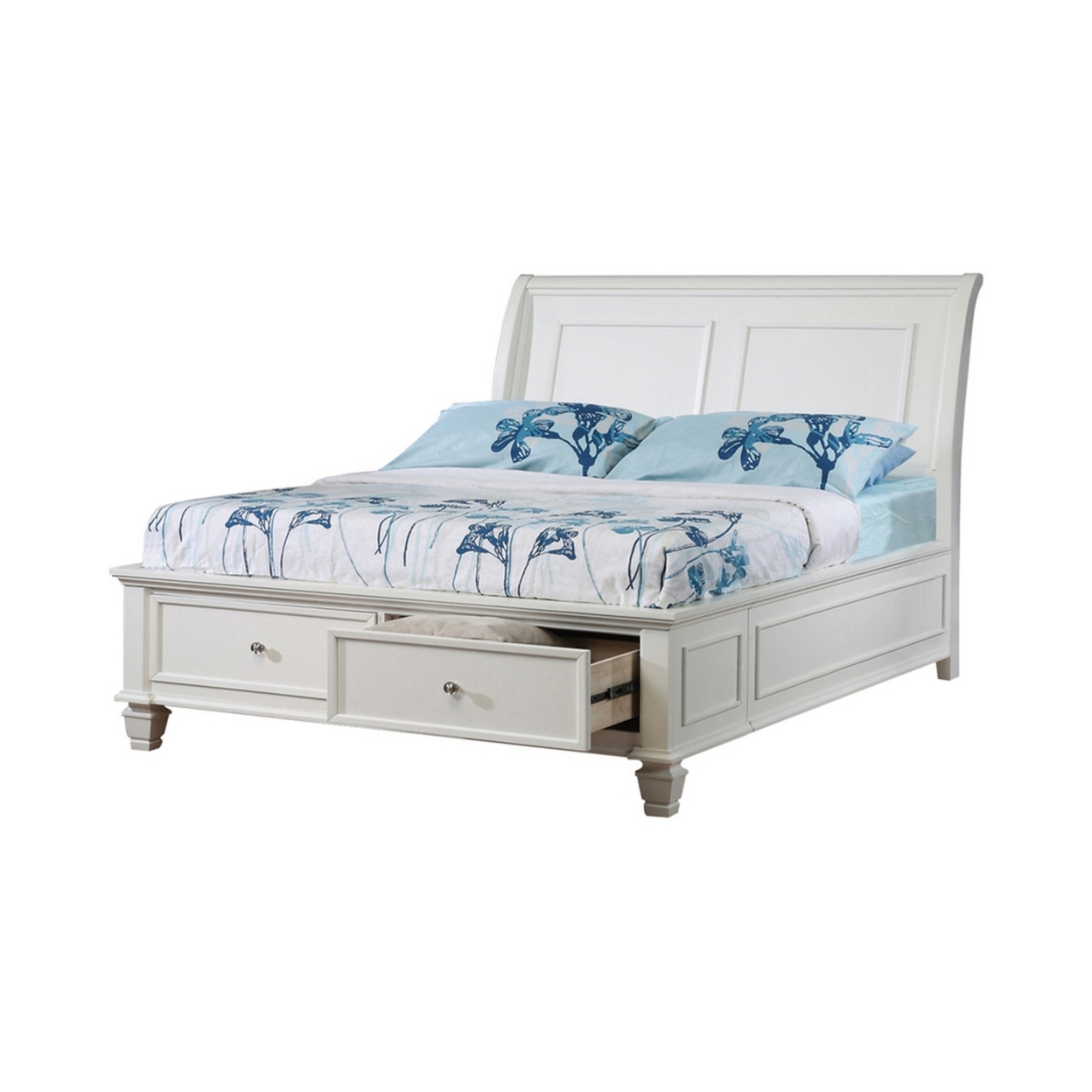 Wooden Twin Bed With Outwardly Curved Headboard And Bottom Drawers, White- Saltoro Sherpi
