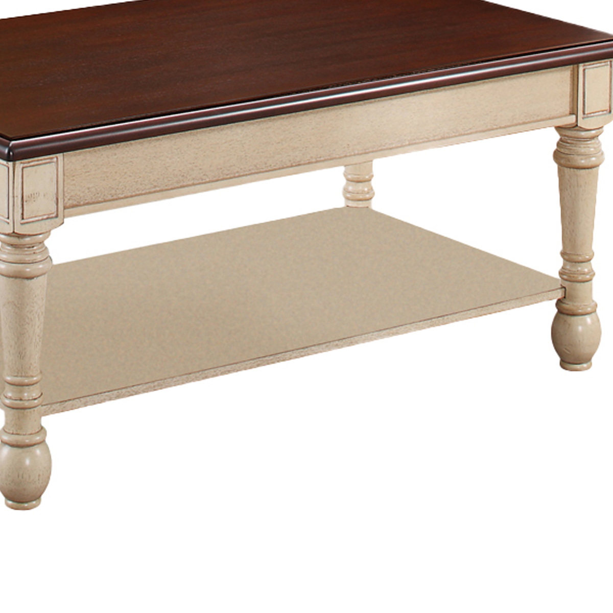 Wooden Frame Coffee Table With Turned Legs, Brown And Antique White- Saltoro Sherpi