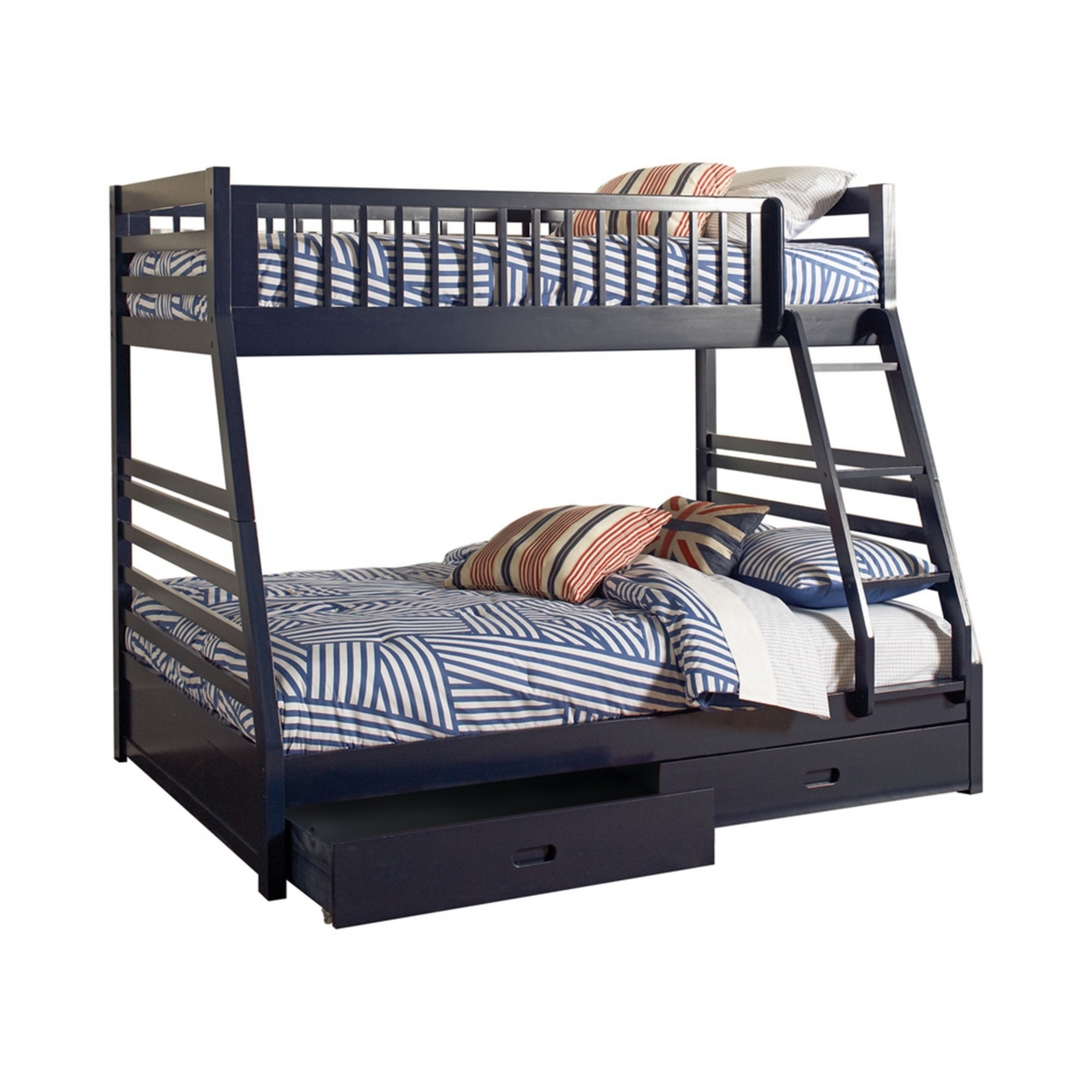 Wooden Twin Over Full Bunk Bed With Wheel Supported Bottom Drawers, Blue- Saltoro Sherpi