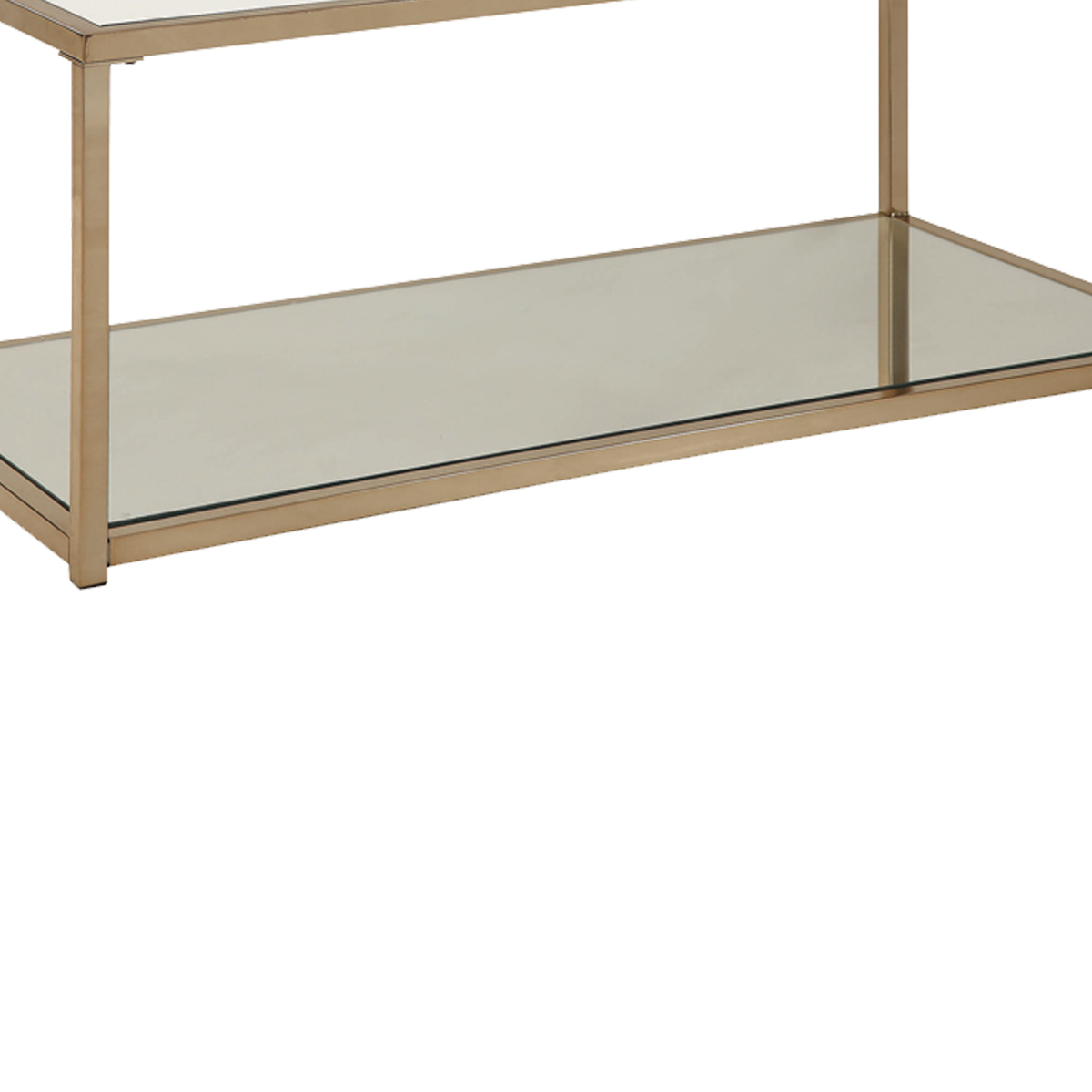 Glass Top Coffee Table With Metal Frame And Open Shelf, Brass- Saltoro Sherpi