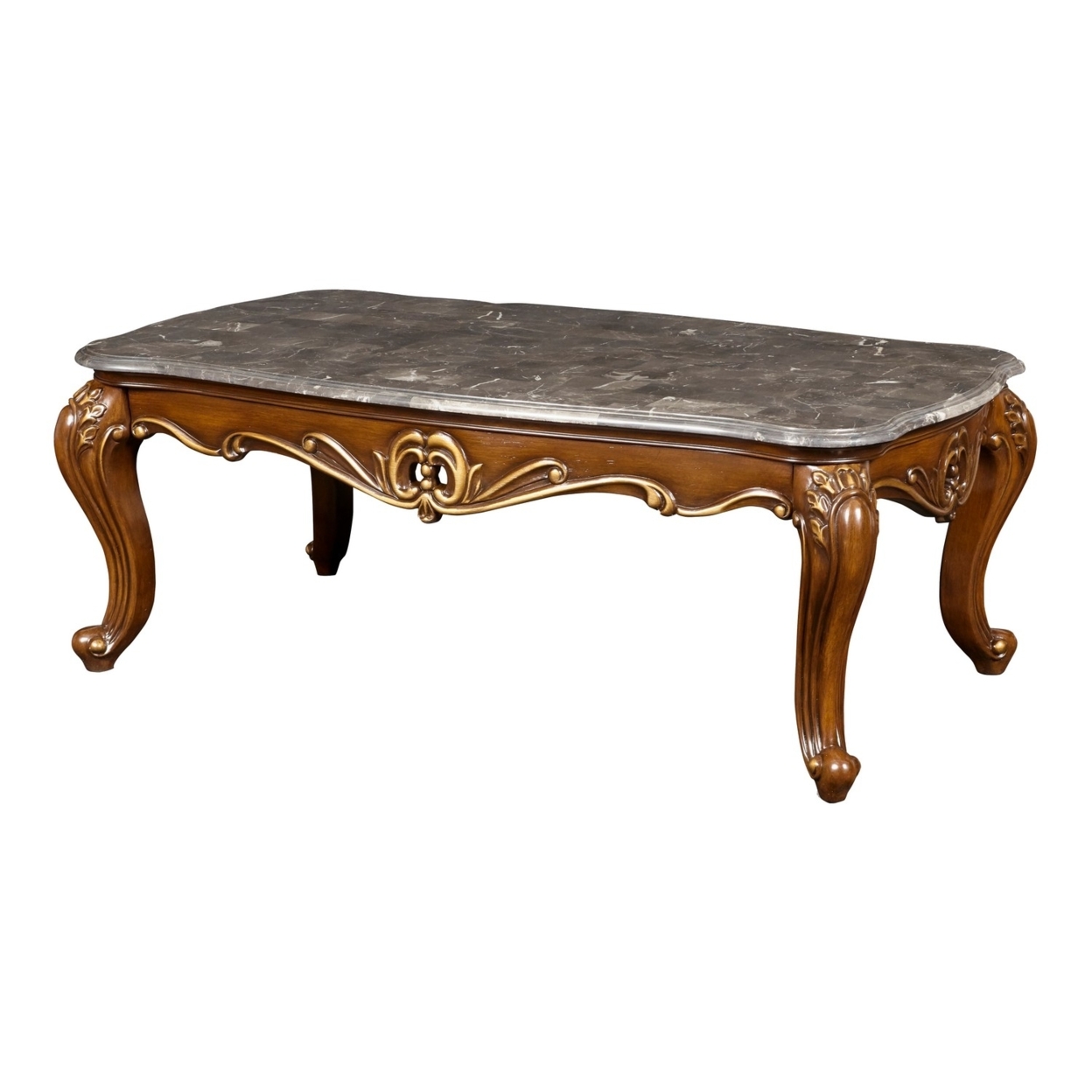 Wooden Cocktail Table With Marble Top And Carved Details, Gray And Brown- Saltoro Sherpi