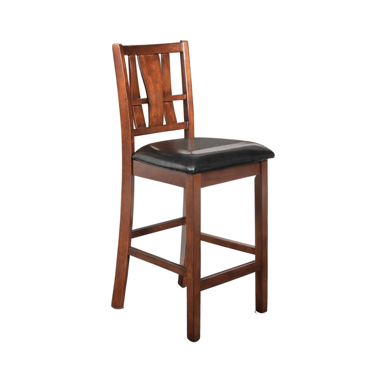 Bulged Wooden Backrest Counter Chair, Leatherette Seat, Set Of 2, Brown, Black- Saltoro Sherpi