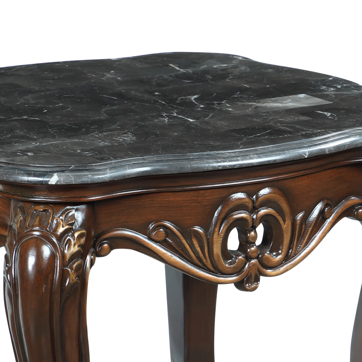 Wooden End Table With Marble Top And Floral Engravings, Brown And Black- Saltoro Sherpi