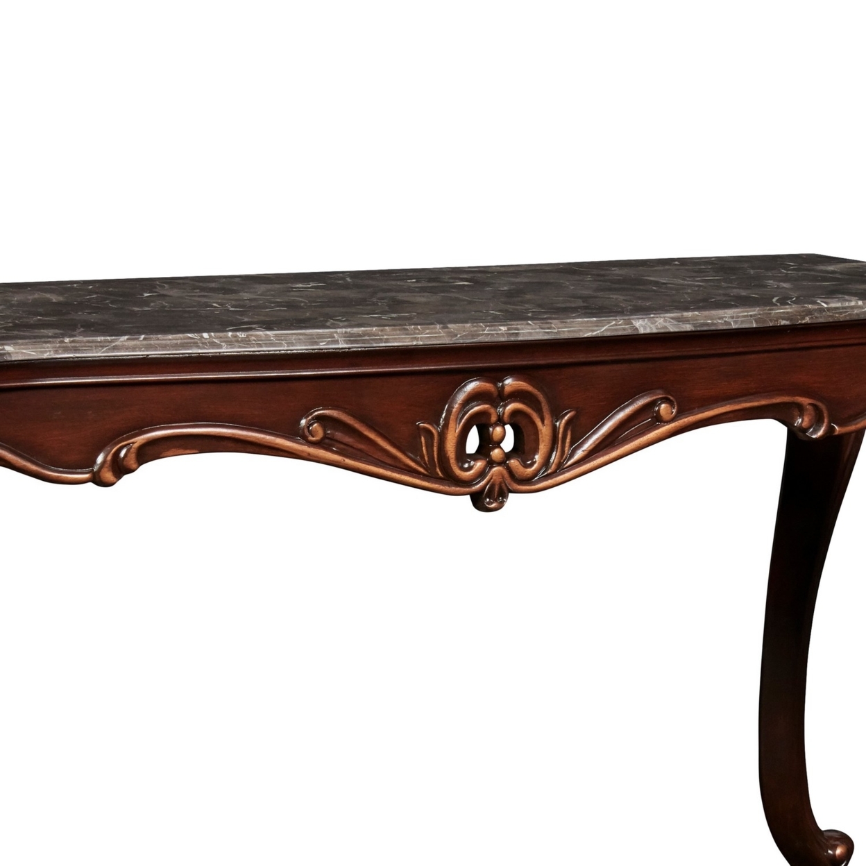 Wooden Console Table With Marble Top And Carved Details, Gray And Brown- Saltoro Sherpi