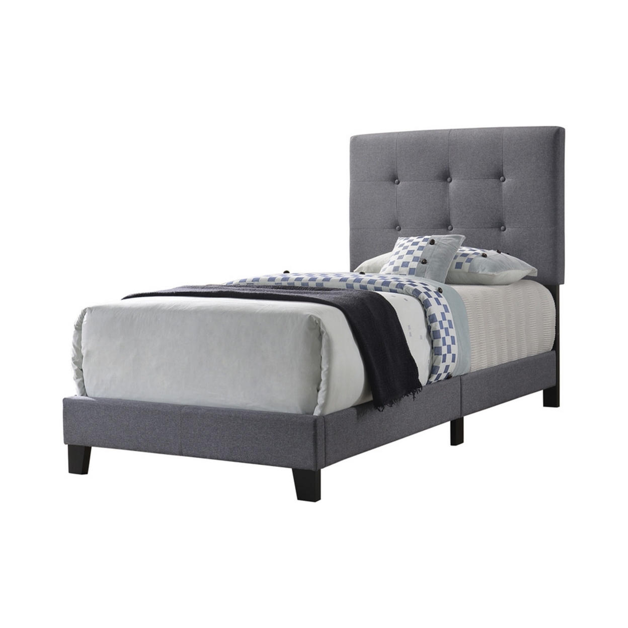 Twin Size Bed With Square Button Tufted Headboard And Chamfered Legs, Gray- Saltoro Sherpi
