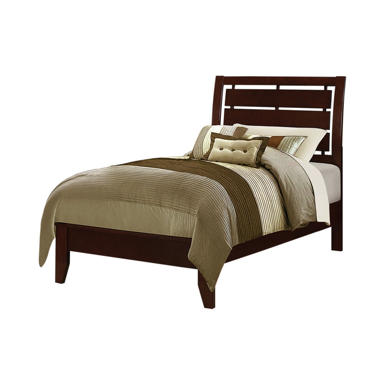 Wooden Frame Twin Size Bed With Cut Out Panel Headboard, Brown- Saltoro Sherpi
