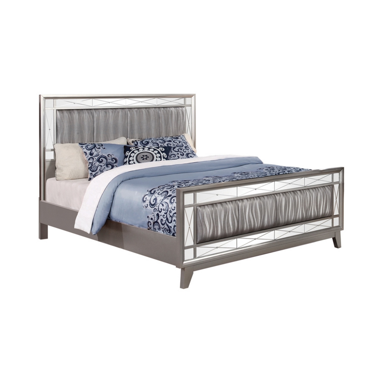 Leatherette Padded Eastern King Size Bed With Mirror Panel Accents, Gray- Saltoro Sherpi
