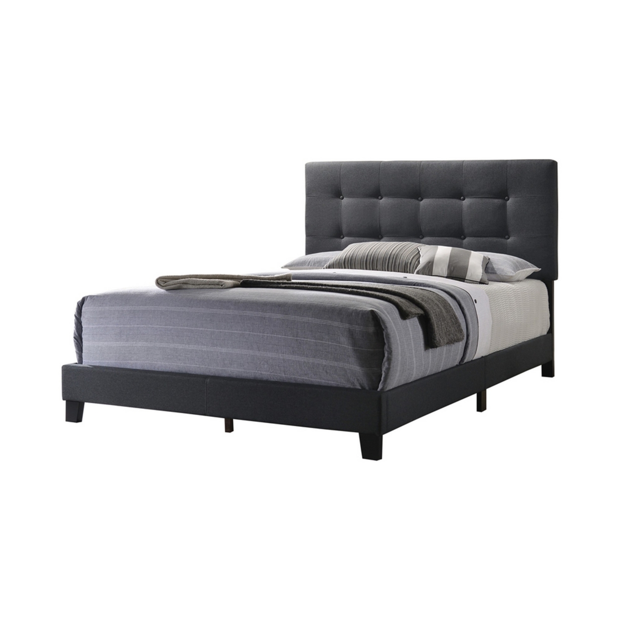 Queen Size Bed With Square Button Tufted Headboard, Dark Gray- Saltoro Sherpi