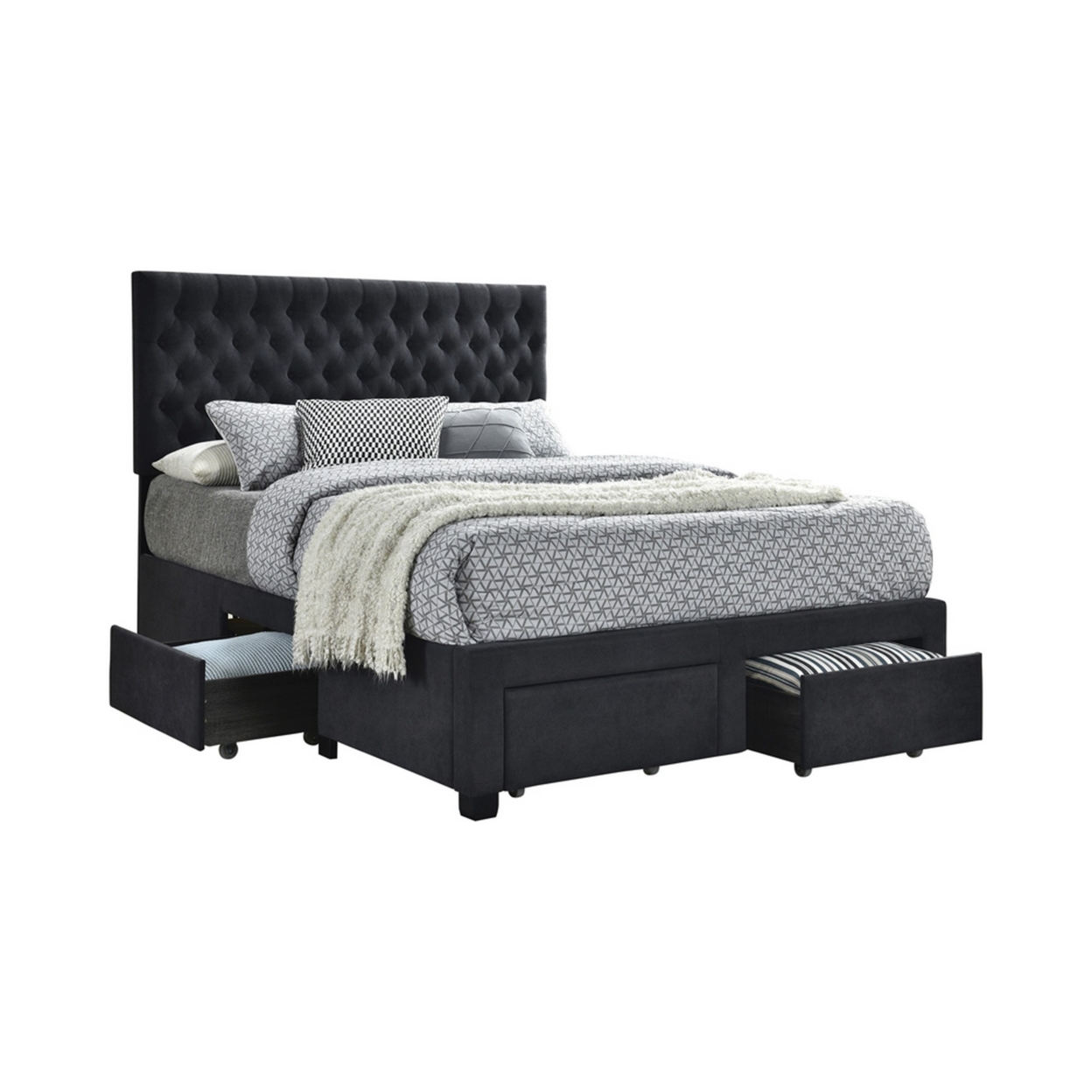 Fabric Upholstered Wooden Eastern King Size Bed With Bottom Drawers, Black- Saltoro Sherpi