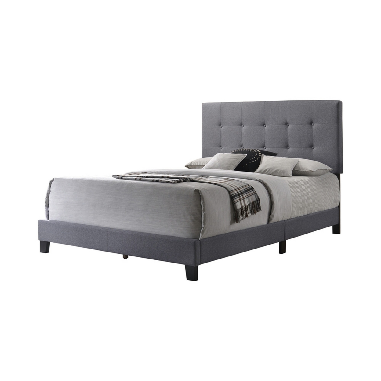Queen Size Bed With Square Button Tufted Headboard And Chamfered Legs, Gray- Saltoro Sherpi