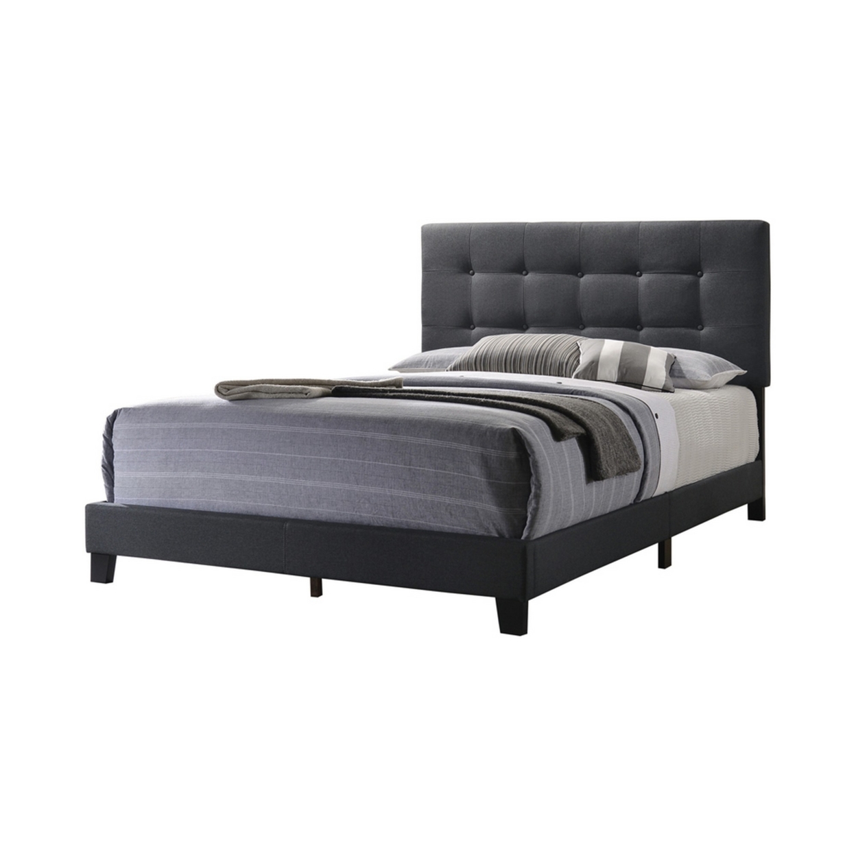 Full Size Bed With Square Button Tufted Headboard, Dark Gray- Saltoro Sherpi