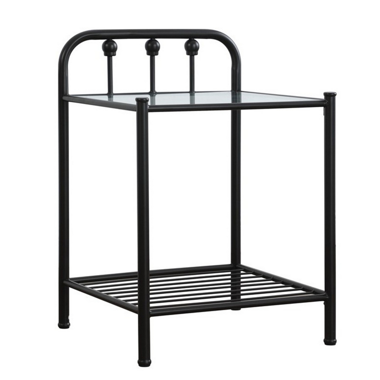 Metal Nightstand With Glass Top And Slated Open Bottom Shelf, Black- Saltoro Sherpi