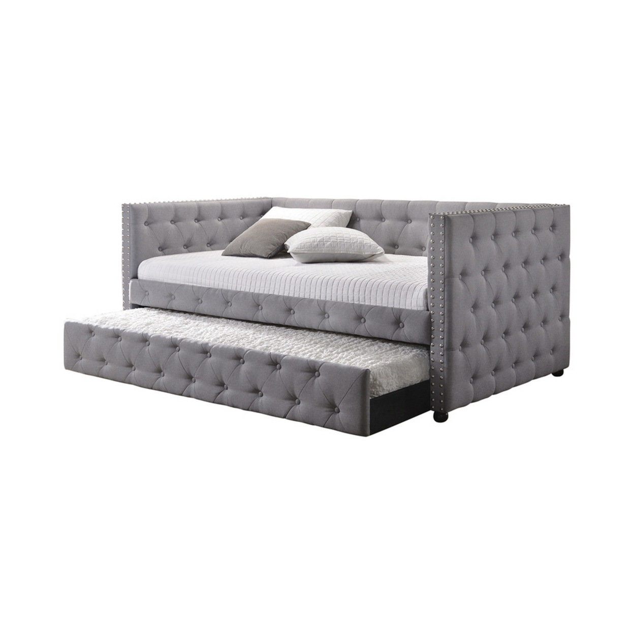 Fabric Upholstered Button Tufted Twin Daybed With Nailhead Trims, Gray- Saltoro Sherpi