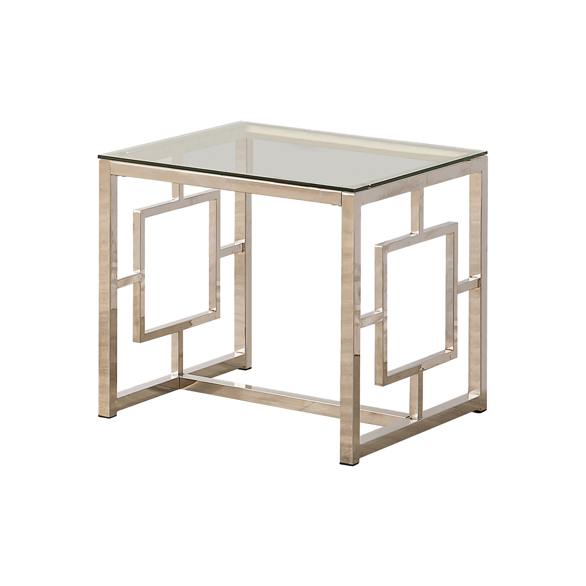Tempered Glass Top End Table With Lattice Cut Out Panels, Silver And Clear- Saltoro Sherpi