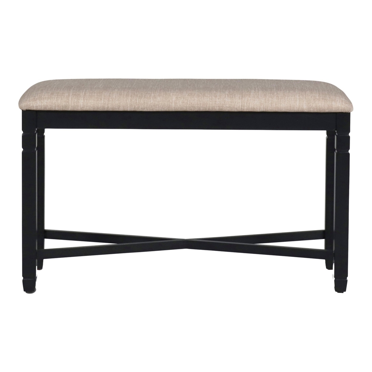 Fabric Counter Bench With Turned Legs And X Shaped Support, Beige And Black- Saltoro Sherpi