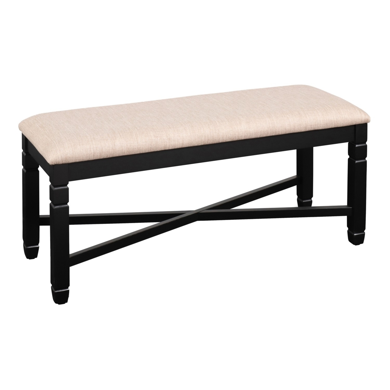 Fabric Dining Bench With Turned Legs And X Shaped Support, Beige And Black- Saltoro Sherpi