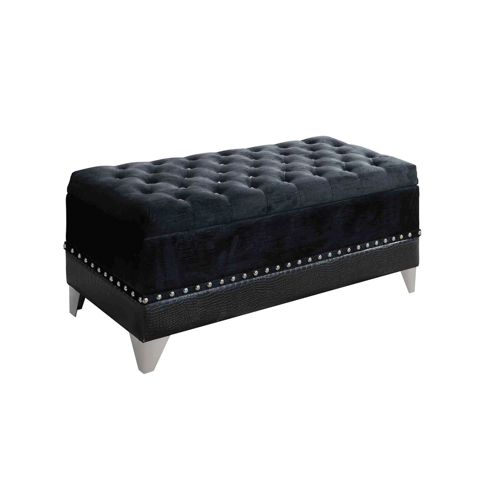 Leatherette Storage Bench With Nailhead Trims And Button Tufted Seat, Black- Saltoro Sherpi