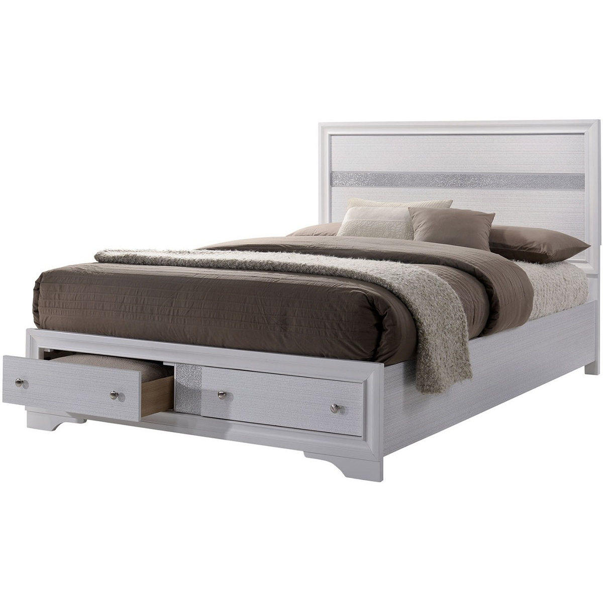 Panel Design Eastern King Bed With Silver Accents And Bracket Feet, White- Saltoro Sherpi