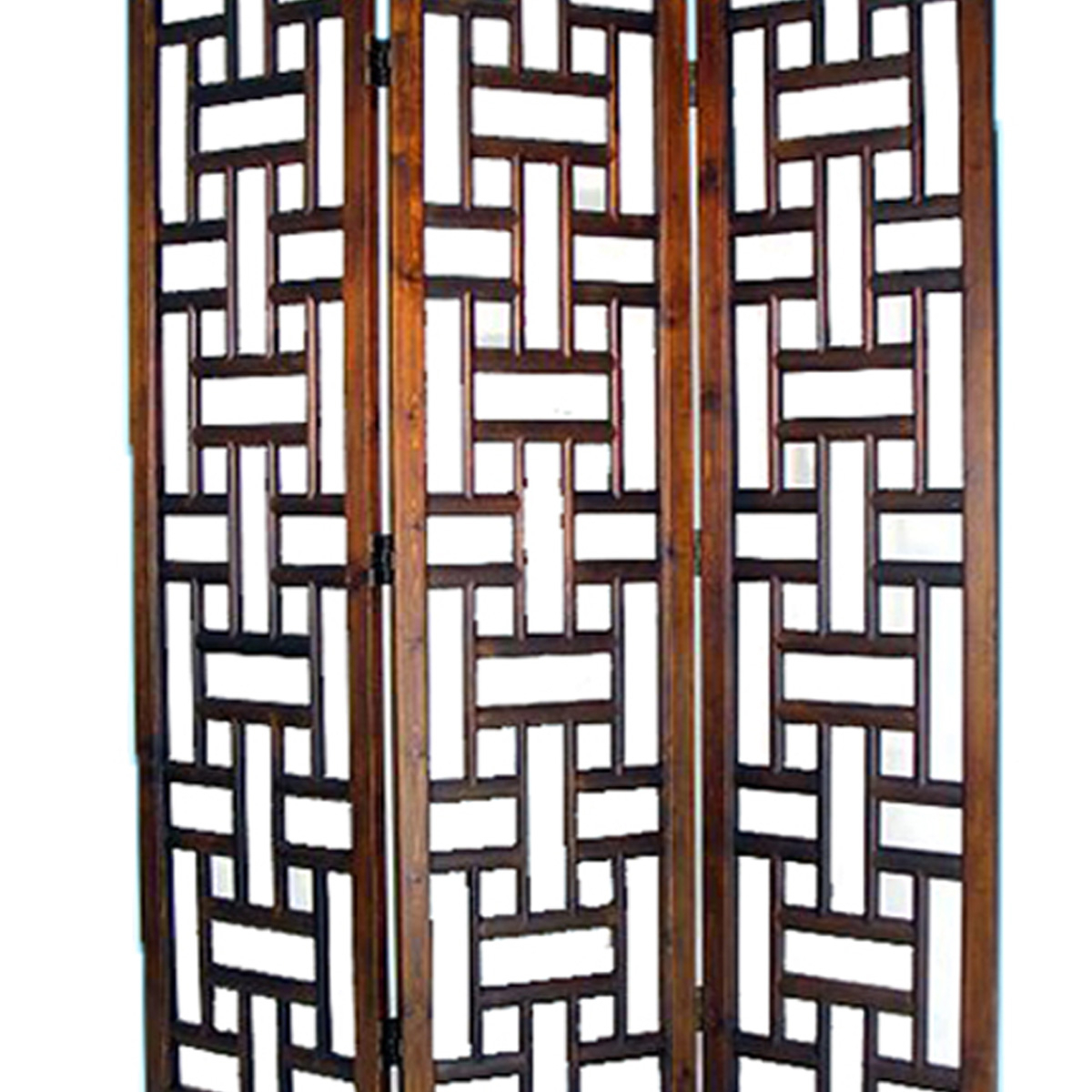 Wooden 3 Panel Room Divider With Cut Out Rectangle Pattern, Brown- Saltoro Sherpi