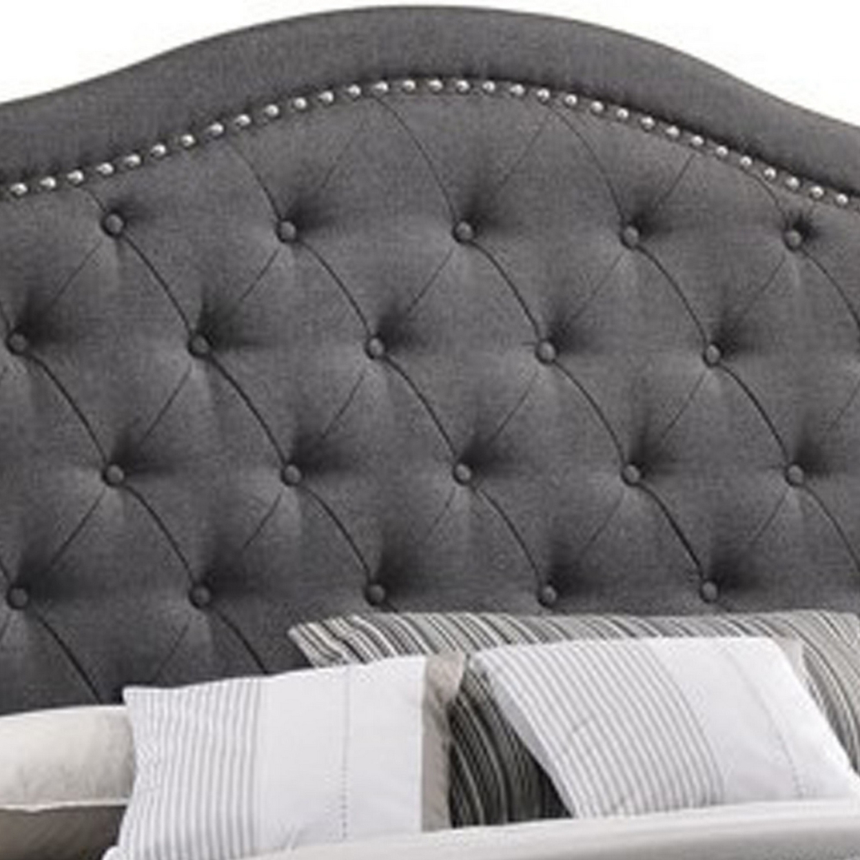 Fabric Upholstered Wooden Demi Wing Full Bed With Camelback Headboard, Gray- Saltoro Sherpi