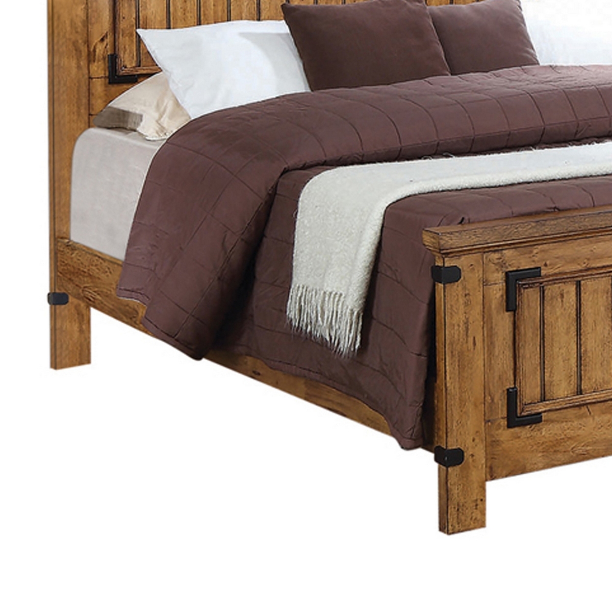 Cottage Style Queen Size Bed With Plank Detailing And Metal Accents, Brown- Saltoro Sherpi