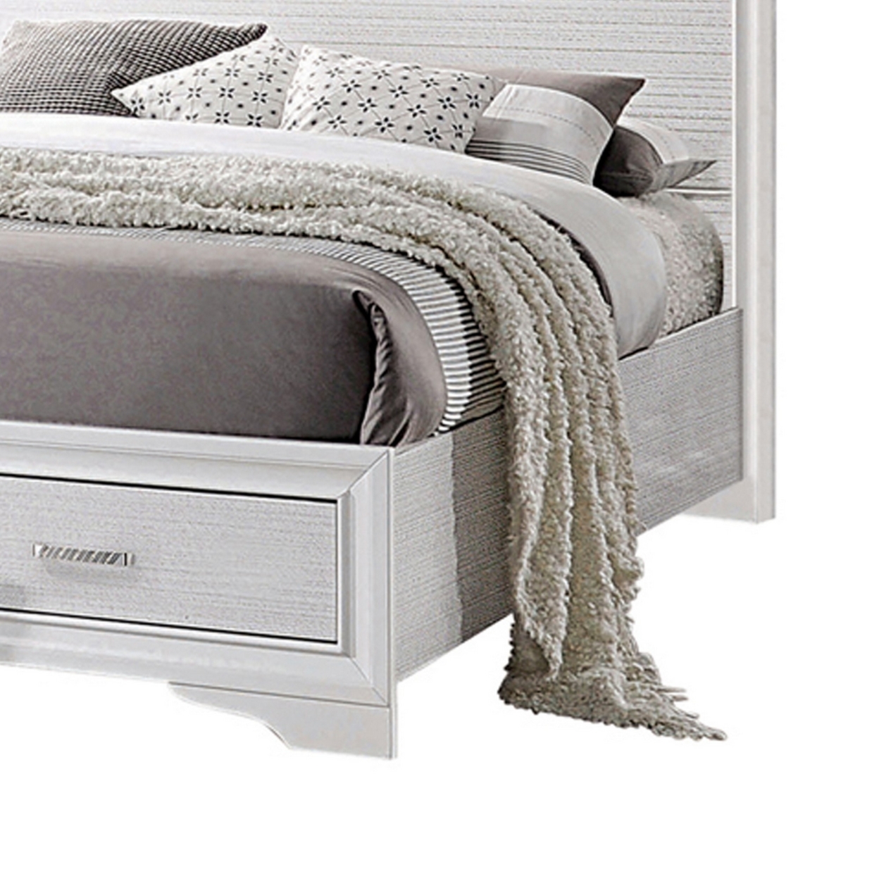 Contemporary California King Bed With Drawers And Glittering Stripes, White- Saltoro Sherpi