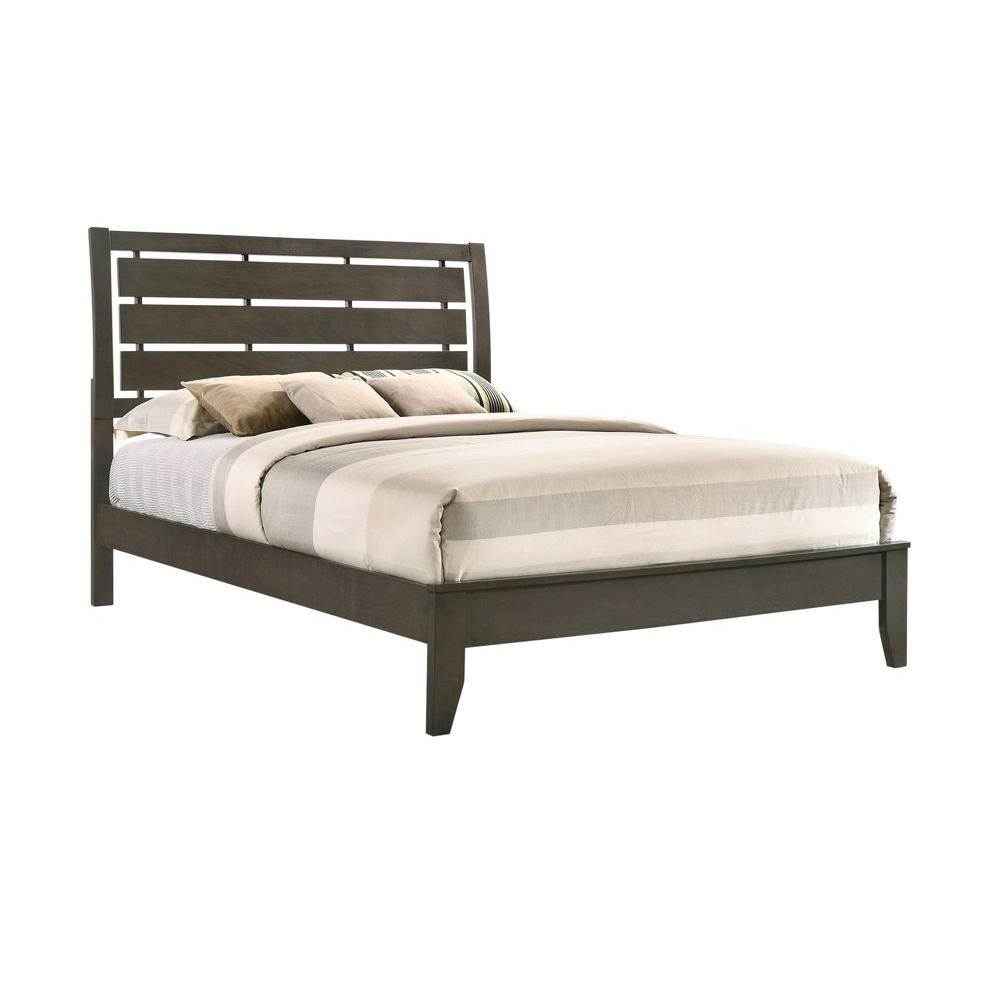 Platform Full Size Bed With Slatted Headboard And Chamfered Feet, Brown- Saltoro Sherpi