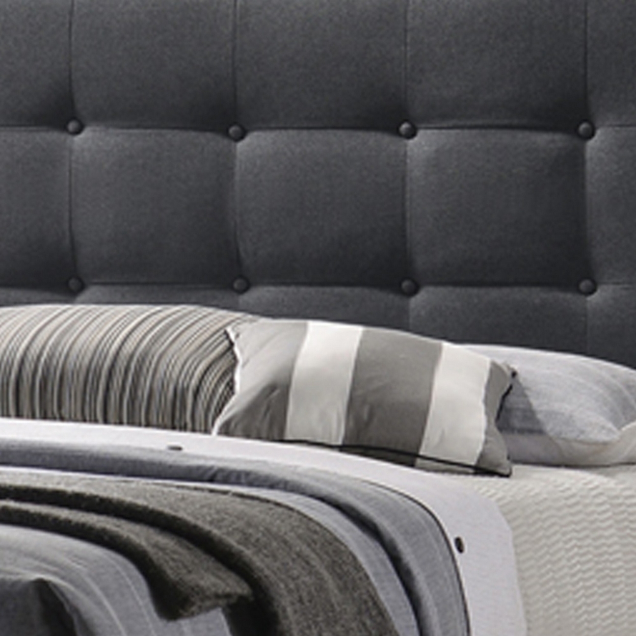 Full Size Bed With Square Button Tufted Headboard, Dark Gray- Saltoro Sherpi