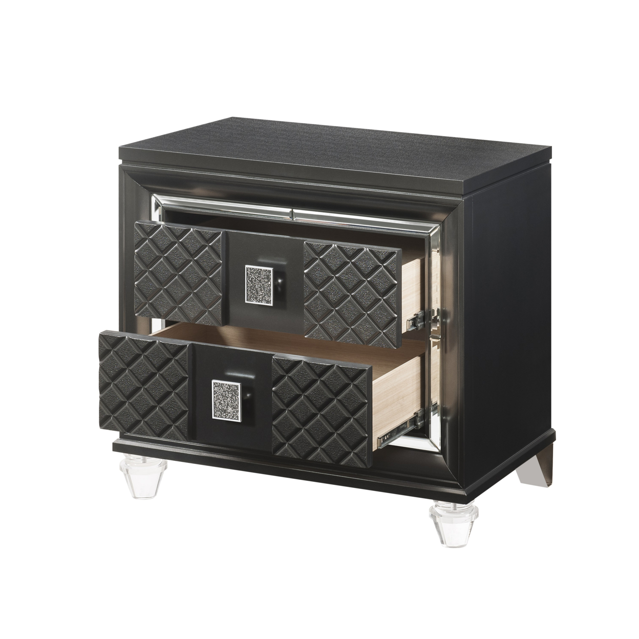 2 Drawer Wooden Nightstand With Mirror Accents And Diamond Pattern, Black- Saltoro Sherpi