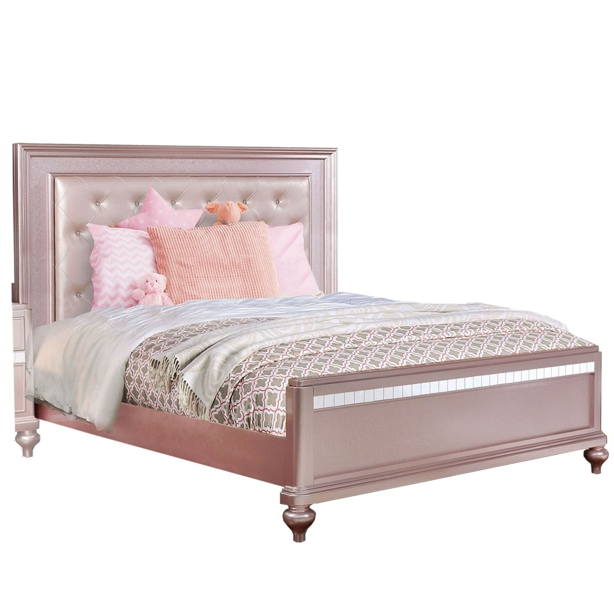 Button Tufted Full Size Bed With Leatherette Headboard, Rose Gold- Saltoro Sherpi