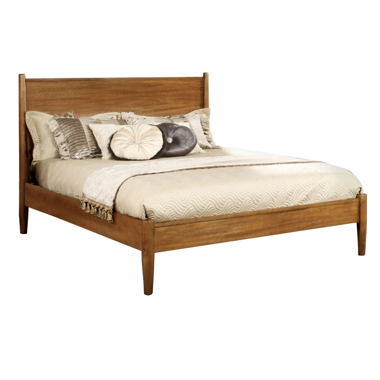 Wooden Full Size Bed With Panel Headboard, Oak Brown- Saltoro Sherpi