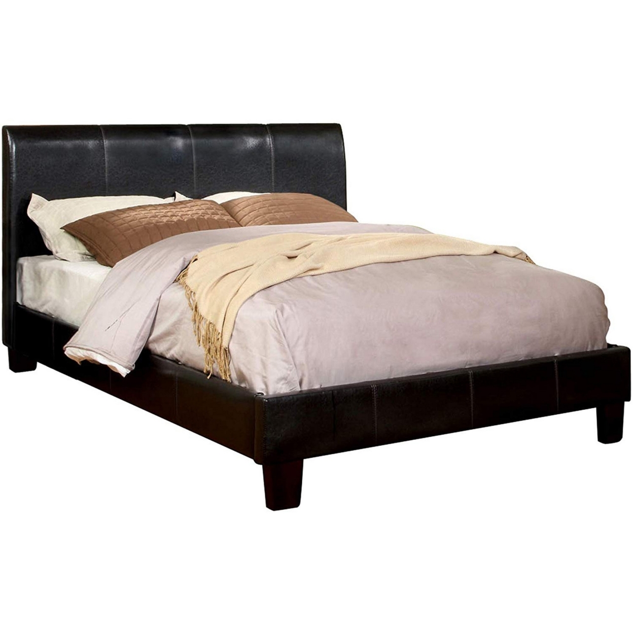 Platform Style Leatherette Queen Size Bed With Curved Headboard, Brown- Saltoro Sherpi