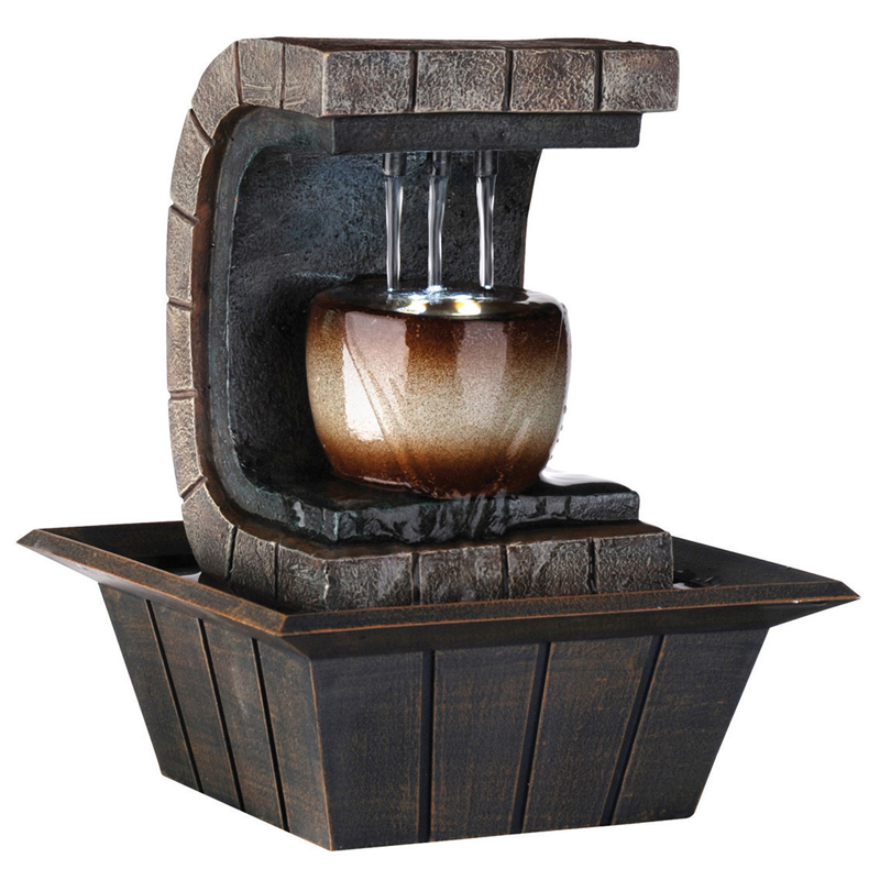C Shaped Polyresin Frame Fountain With Tapered Base And LED Lights, Brown- Saltoro Sherpi